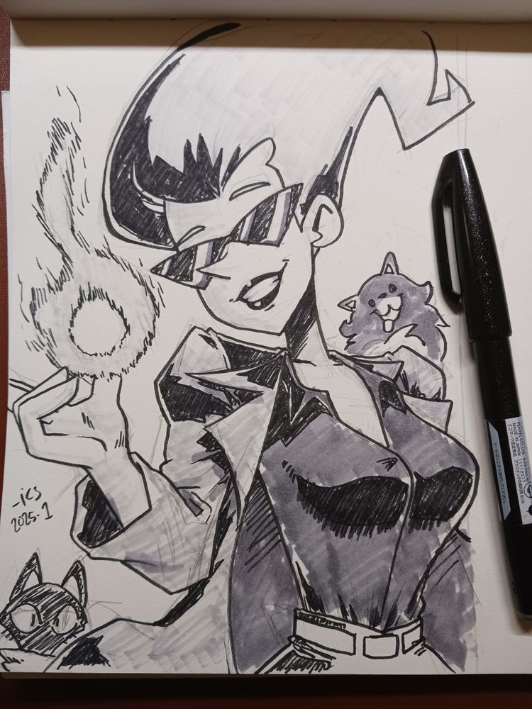 Inked in brush pen - Sharply dressed girl in suit and open button-up shirt, wearing sharp sunglasses and sharp greased up hair leading to an angular point. A black cat and Pomeranian hang out in the back.