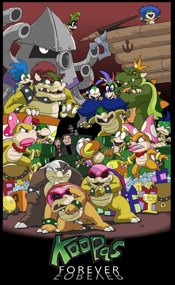A crowd shot of Koopa Kids from the games, the cartoon shows, and those two from the movie, ready to fight to show which group is the baddest.