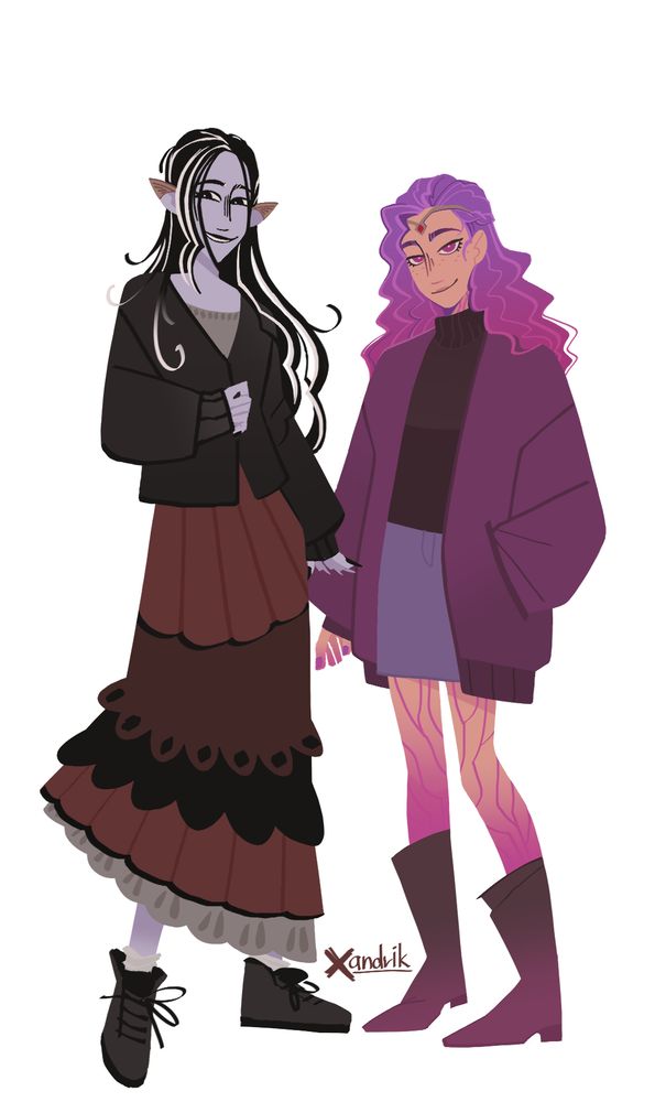 A digital drawing of Imogen and Laudna from Critical Role standing next to each other. Laudna is wearing a dark cardigan, a long red skirt with ruffles, and work boots. Imogen is wearing a dark turtle neck, a jeans mini skirt, a big purple jacket, and tall boots.