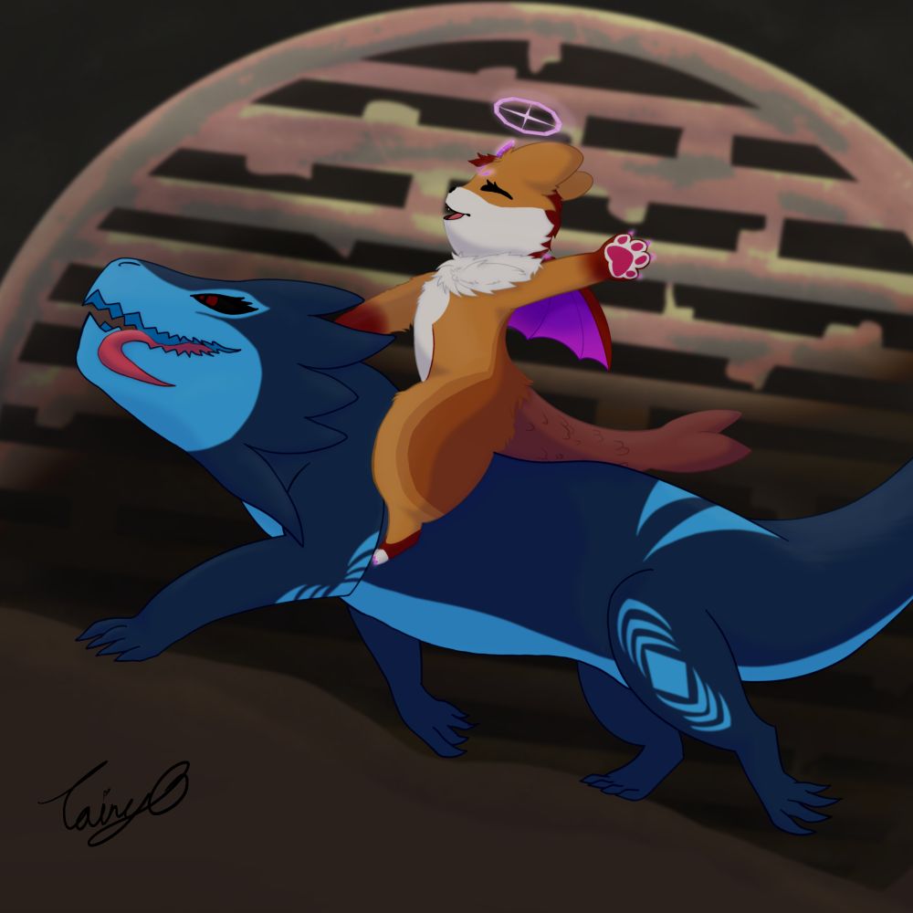 My character Tiny as lizard (she's a shapeshifter), transporting Heathecliff's character 