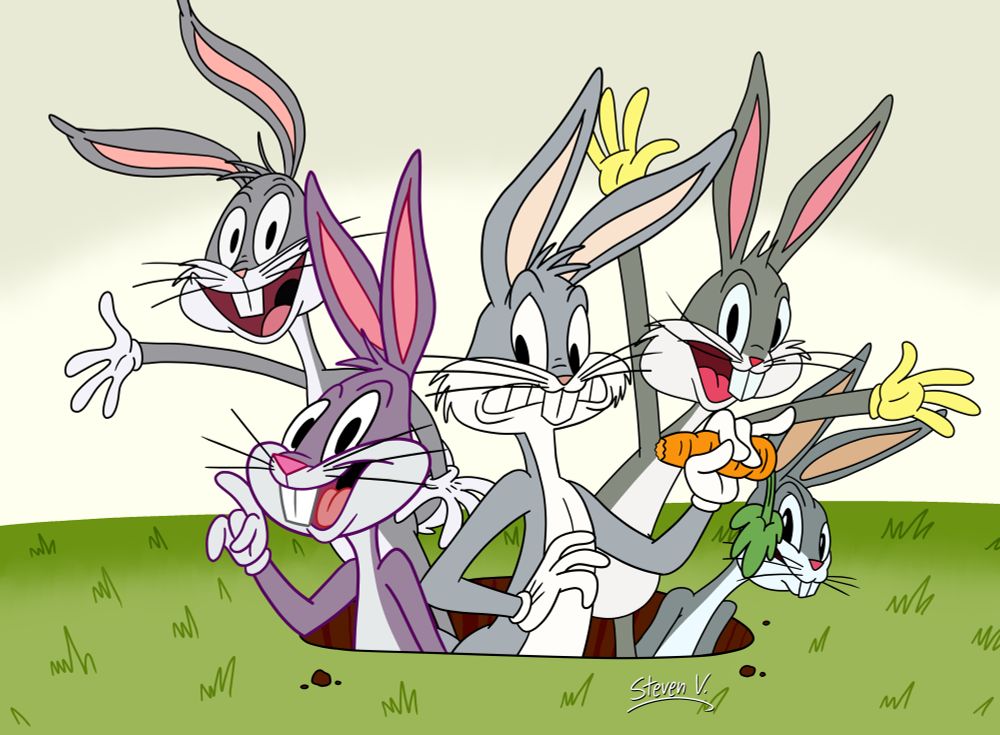 Tribute art originally drawn for the 80th anniversary of Bugs Bunny's debut. Featuring different versions of the character.

Clockwise starting from the left: The Looney Tunes Show, Wabbit, Regular Appearance, Looney Tunes Cartoons, Earliest Appearance (based on "A Wild Hare").