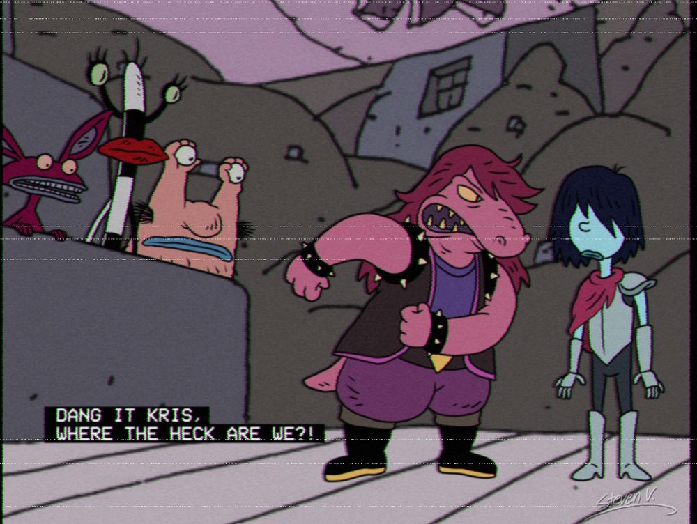 Kris and Susie from Deltarune drawn to appear in "Aaahh!!! Real Monsters". In reference to the "Dammit Kris, where the hell are we?" meme, hence the closed captions.