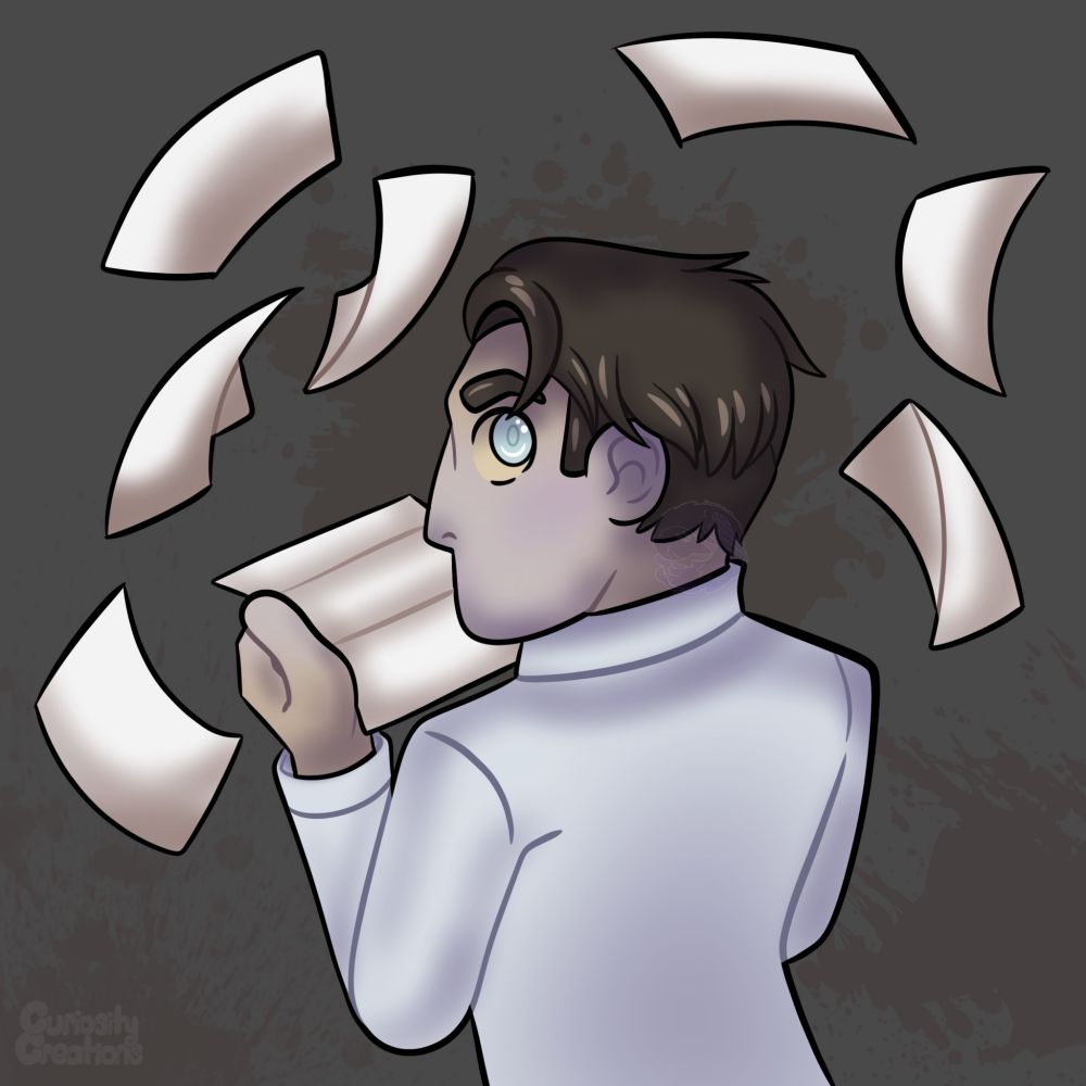 Alexandrus with his back turned to the viewer, he is looking back while holding a letter. Paper surrounds him as it falls.