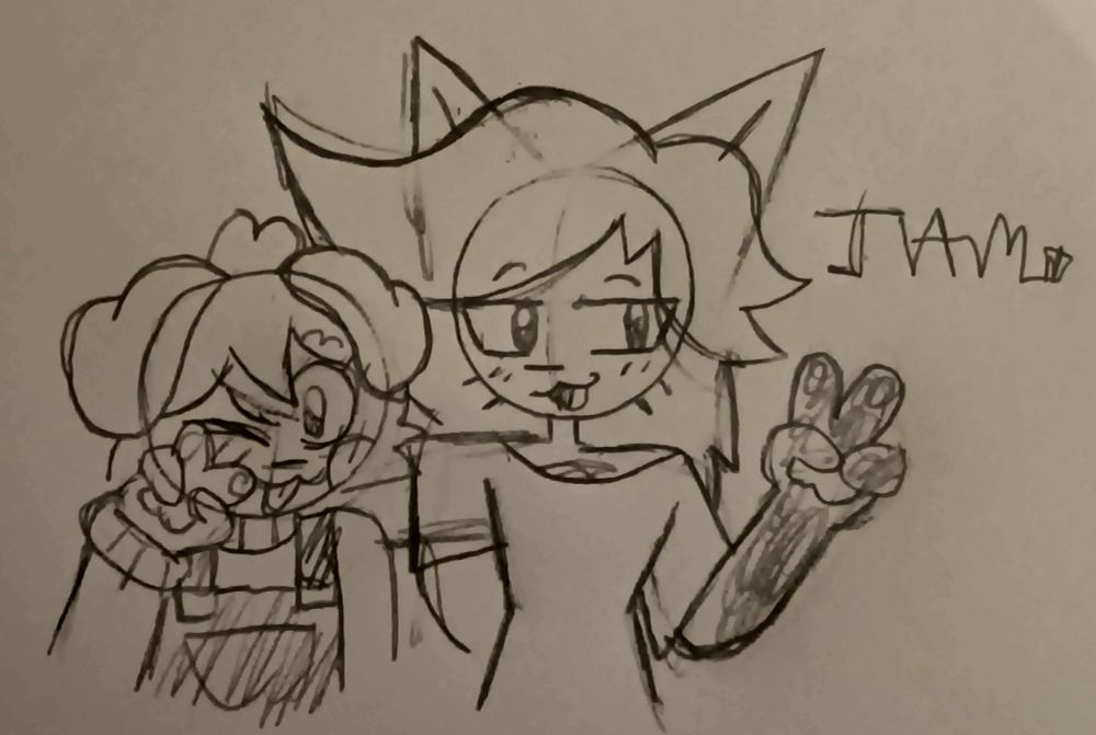 Olive and Mittens from Purrfect Apawcalypse cuddling up for a pic of sorts, they are also both blushing :3