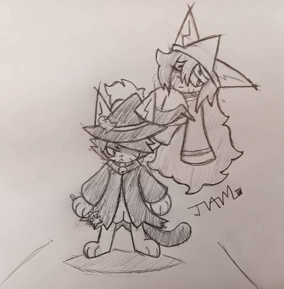 Coco Grimalkin in her Witch outfit looking pissed off, and Angel Grimalkin as his ghostly-self. Takes place moments before/during the massacre of Purrfect Apawcalypse 1.