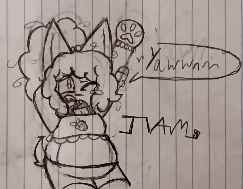 Brownie Pembroke from Purrfect Apawcalypse stretching and yawning with messy curly hair ^v^