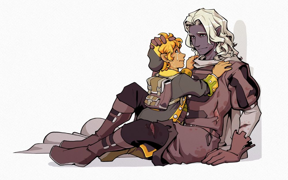 A tearful post-resurrection reunion scene between a halfling druid and a drow bard. This piece was made in honor of a friend's passing.