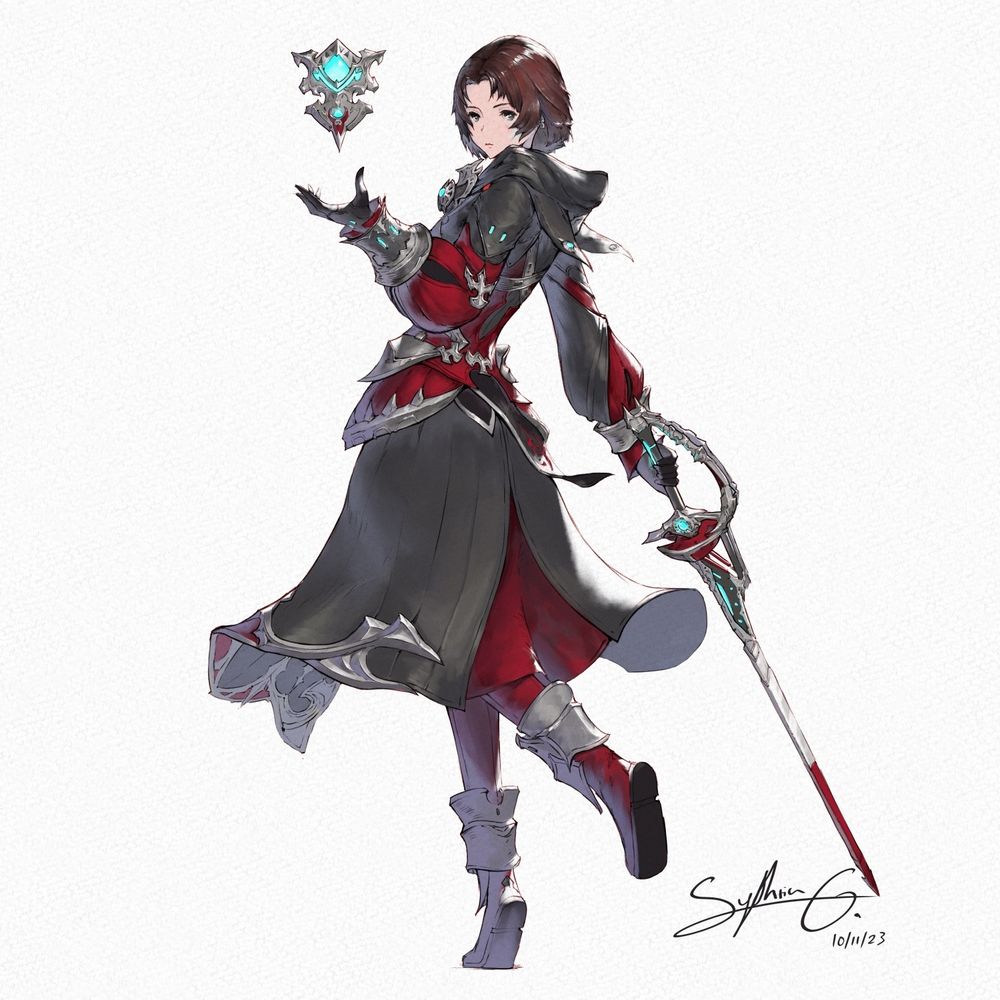 A red-headed Red Mage wearing the Scaevan armor set.