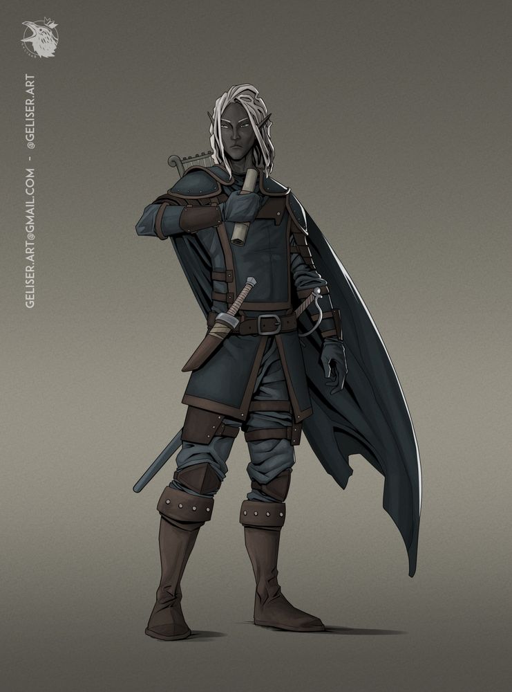 A drow bard stands in leather armor, clutching a scroll in his hand.