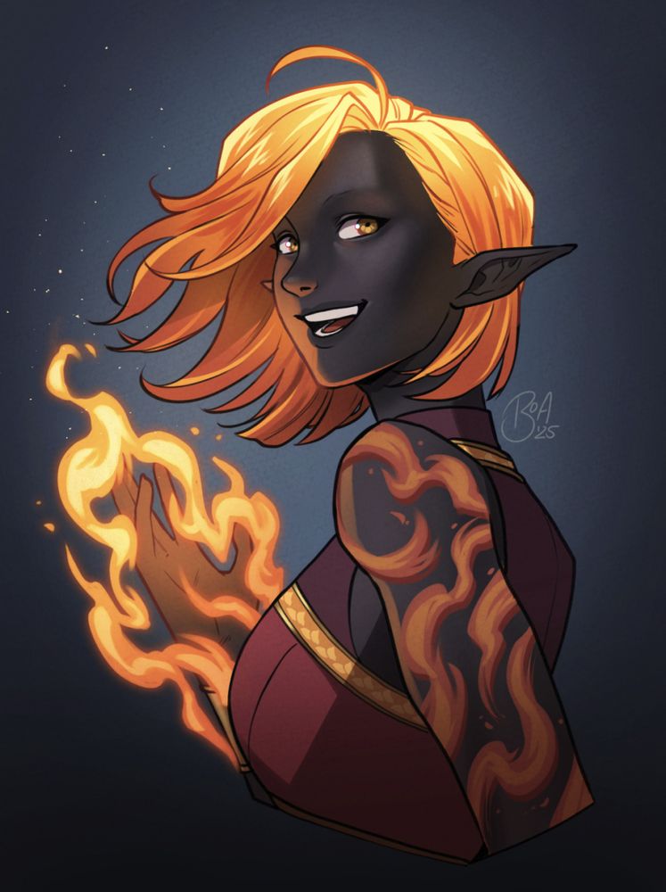 Image of a fire genasi wizard turning to look toward the camera happily with a handful of fire. Her skin is obsidian in color, her eyes golden, and her red-orange hair has a similar fire-like glow to it as the flames currently in her hand. She also wears a fire-patterned barrier tattoo on her left arm. 