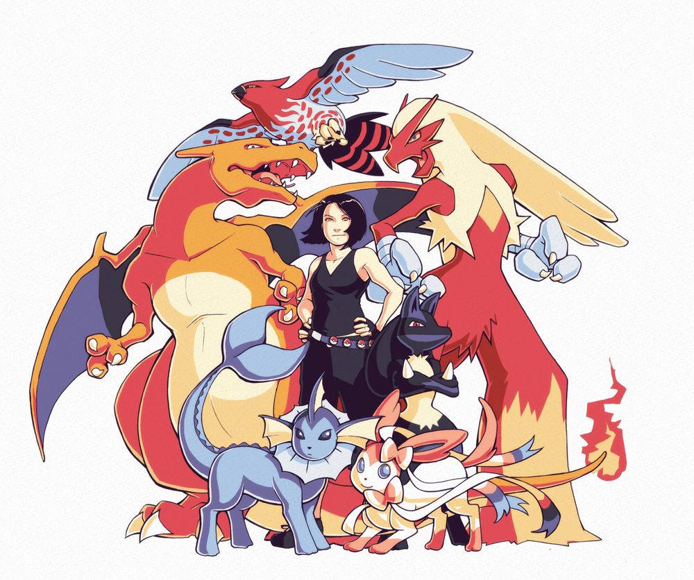 A Pokemon trainer and her team. Surrounding Pokemon include Charizard, Talonflame, Blaziken, Lucario, Sylveon, and Vaporeon.