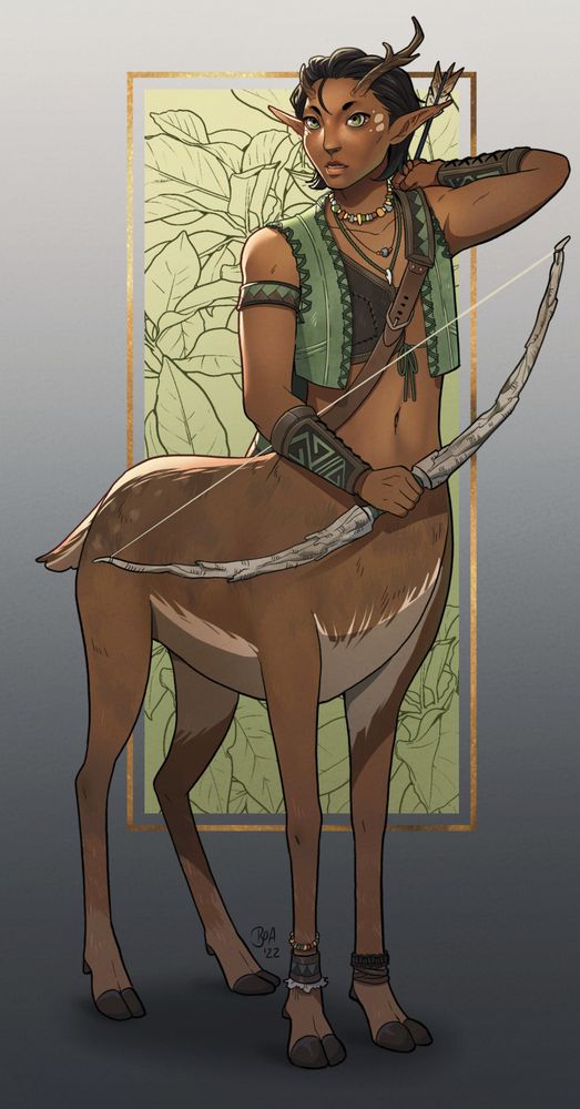 An alseid druid drawing an arrow for their bow.