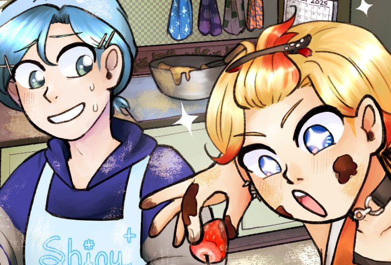 Altare is to the viewer’s left, looking at Axel with a smile of concern. Axel, to the viewer’s right, has an excited expression with sparkles around his face. Chocolate smears his cheeks and hands, and he is carefully placing a strawberry on something that is cropped out of the image. Beyond the two, a counter holds a mixing bowl with batter. Hanging on the wall are four dishcloths that are various TEMPUS colors, and there is a calendar that reads “July 2025.”