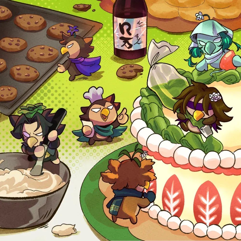 Several bubbies are drawn preparing some baked goods. To the left, a bubby with a green flower on its head stirs a bowl of dough or cream. To the right, three bubbies work at decorating a cake - one is piping green cream on top, one is decorating the sides with red leaves, and one in the background is adding fruit to the whipped cream. To the top left, a bubby is looking at a tray of cookies, and in the center of it all a bubby with a chef's hat and a paper in hand is directing the others.