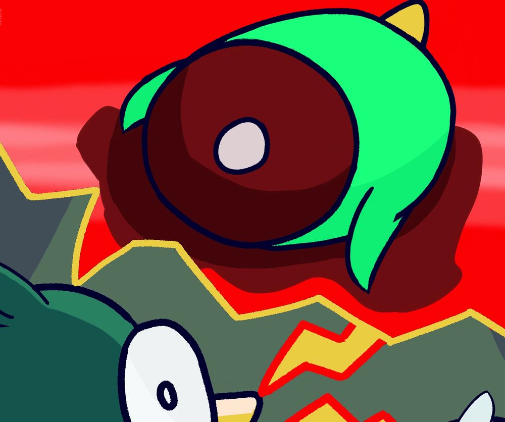 The top of a confused looking bird is visible on the bottom left of the drawing. It is talking to another creature off screen, and in its frantic speech bubble is pictured an oblong creature of green dark red against a bright red background.