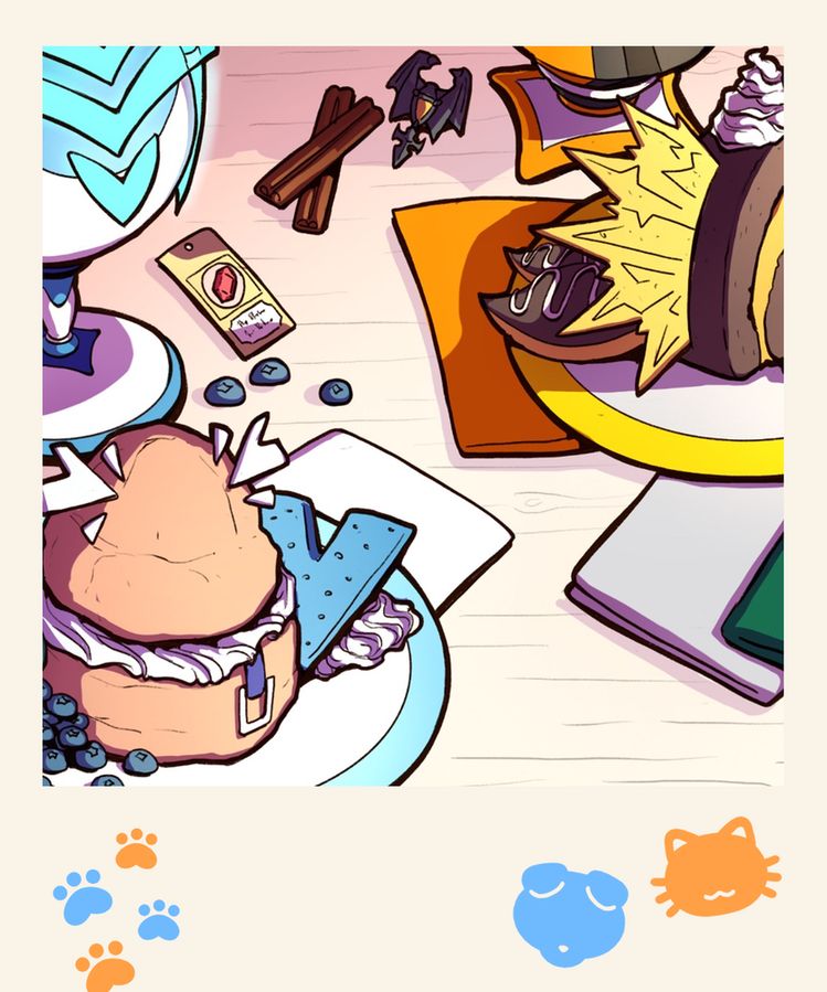 The image is cropped, but two drinks and desserts can be made out in the image. An Altventurer-themed cream puff has a blue belt, crystal shards, a V-shaped sponge cake with whipped cream, paired with drink container featuring Altare’s light armor. An Axelotl cinnamon-chocolate Swiss roll features two chocolate eclair tails, orange filling, and crystal gills. Above it is another drink container that is orange and black. Vesper’s necktie clip is sitting on the table, and there is a tag with a red gem on it.