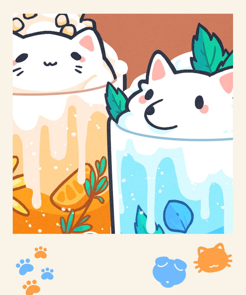 Two bubbly drinks are placed on a table. One drink is blue with a scoop of ice cream that is decorated to resemble a dog and the other is orange with a scoop of ice cream that looks like a cat.