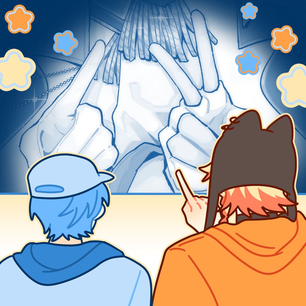 Altare and Axel are drawn facing away from the viewer, looking at a monochrome image that appears to have two people’s hands, one point at the viewer and the other with a peace sign. Orange, blue, and yellow stars decorate the cropped monochrome image.