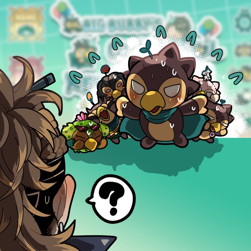 The back of Goldbullet's head is drawn at the forefront with a question mark speech bubble. He is facing Big Bubby who is sweating with anxiety as he spreads his arms to cover up a bunch of other bubbies behind him. Beyond the collection of bubbies is a blurred out image; only the words "Big Bubby" can be made out amongst the artwork. 
