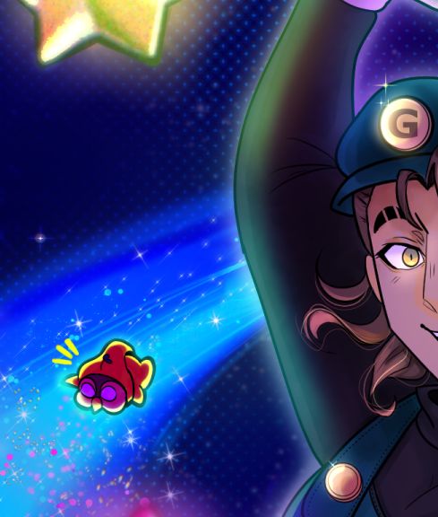The drawing depicts Goldbullet, his right side mostly cropped off the image. He is wearing a dark tean hat with a golden medallion emblazoned with "G". To the left of the image appears a night sky backdrop with a a blaze of light blue and stars, on top of which a small, shocked-looking bubby has been drawn. The top left of the image has the bottom of a yellow star that is cropped out.