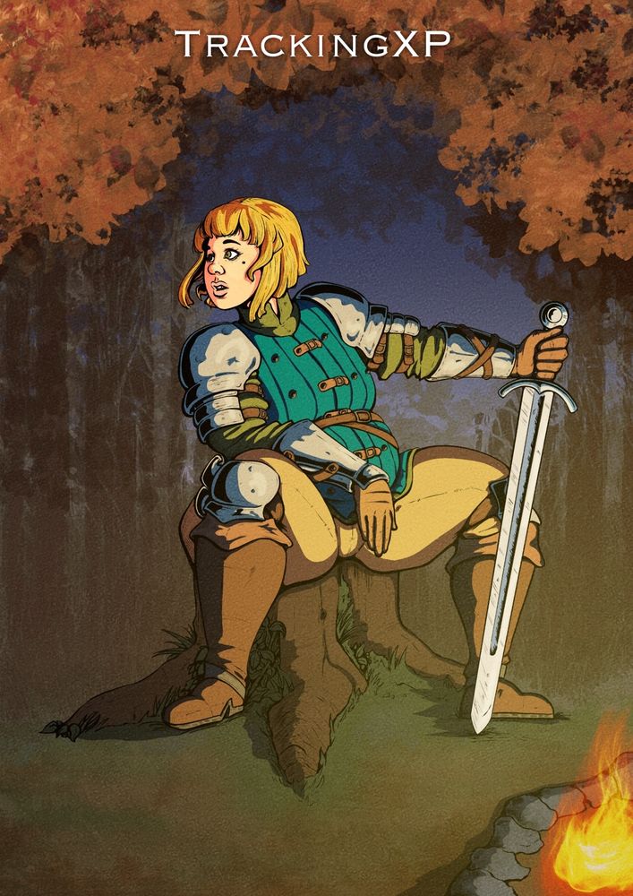 A digital drawing of my OC, Bridget. She’s sitting on a stump, looking startled or surprised at something behind her. She holds her sword pointed to the ground, rests one arm on her leg, and is bathed in the glow of a fire. The trees behind her have orange, red, and brown coloration to signify the fall season. She wears a blue brigandine, steel pauldrons and vambraces