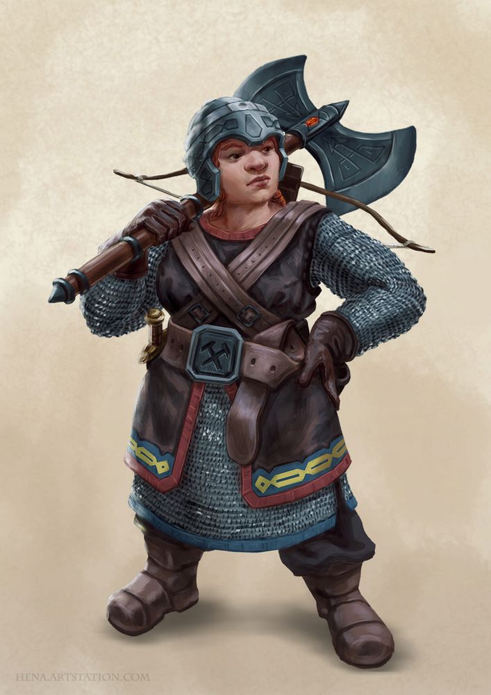 Illustration of a female dwarf wearing chainmail, a leather overcoat, a helmet and heavy boots. Over her shoulder she is carrying a large two-handed axe, adorned with a red gem. She is carrying a crossbow on her back and a dagger at her belt.
