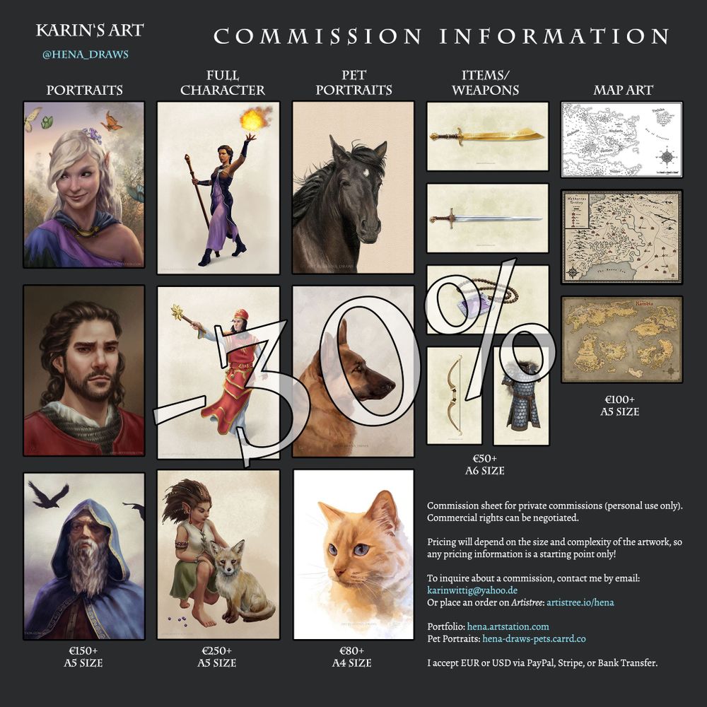 Commission sheet showing various types of artwork I do, with an overlay saying -30%