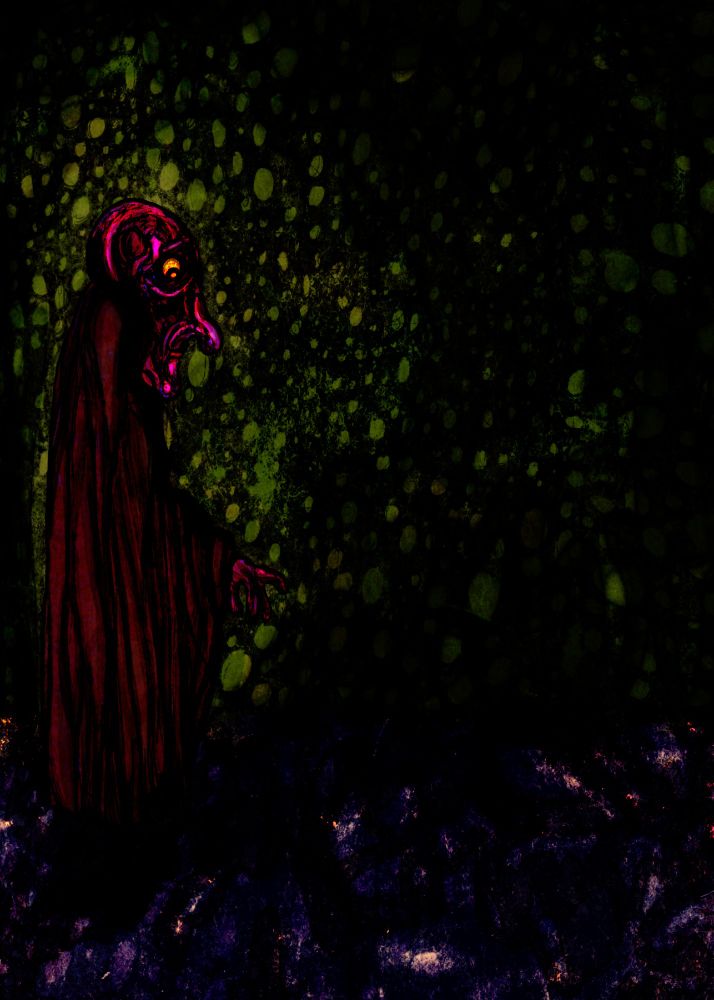 Zeichnung: Eine alte schrumpelige Gestalt mit pinker Haut und in einem roten Umhang. Die Gestallt sieht verzweifelt aus. Sie steht vor einem dunkle grünen Hintergrund. Der Hintergrund könnte eine mit Moos bewachsener Höllenwand sein. Es könnte aber auch ein merkwürdiger Wald sein. Der Boden ist Dunkel und stellenweise Schwarz. Es gibt helle blauviolette Regionen einige Stellen scheinen fast weiß  zu leuchten. Insgesamt könnte der Boden einen Galaxie-Haufen darstellen.

Drawing: An old, shriveled figure with pink skin and wearing a red cloak. The figure looks desperate. It stands against a dark green background. The background could be a moss-covered wall of hell. But it could also be a strange forest. The ground is dark and black in places. There are bright blue-violet regions, and some areas appear almost white. Overall, the ground could represent a galaxy cluster.