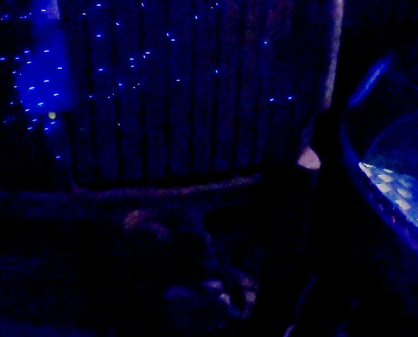 A shot at the entrance of the lift to Euro-Mir at Europa Park. The picture shows the lift drum in dark blue light, a part of a seat and a steel support pillar that has a part cut out, with a reinforcement applied to the opposite side of the cutout. Laser-projected stars are reflected from various parts of the coaster.
