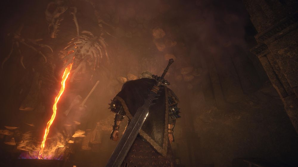 Interior of a lava cave. The skeleton of a dragon spews lava into a bowl before a man in a cloak and carrying a sword 