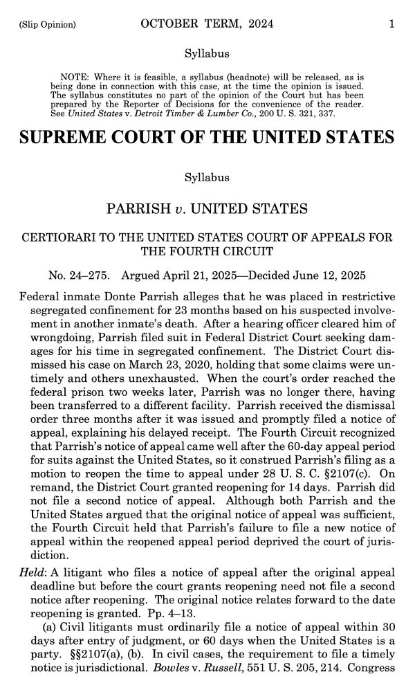 Screenshot of the first page of the Supreme Court's opinion in Parrish v. United States.