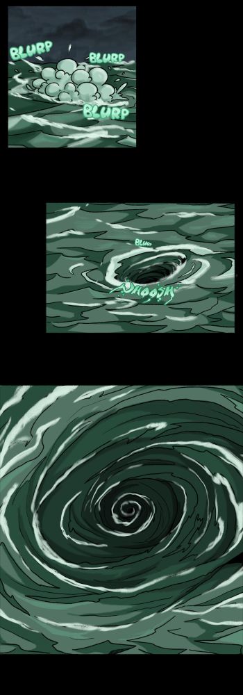 The image shows three panels. The first shows the surface of the ocean beginning to bubble and froth. The second panels shows the sea beginning to churn and swirl. And the third panel shows that the swirling waters has turned into a large whirlpool.