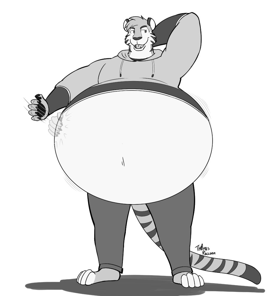 A big tiger wearing a hoodie and pants, patting his big, round belly with a content and somewhat smug smile.