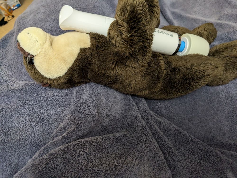 Otter plush now on his back, holding the Magic Wand between his legs
