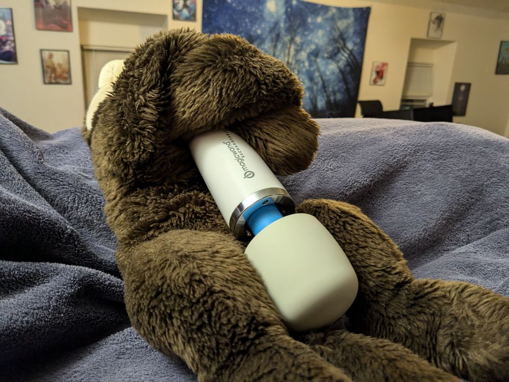 Closeup of Magic Wand on plush otter crotch
