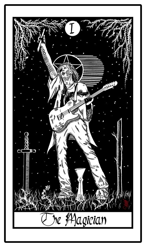 Black and white illustration of my own version of The Magician tarot card. The figure in the center stands tall with a raised hand and candle burning at both ends raised jn the air. A guitar is across his chest, other hand grasped around it's neck. His face is tilted up, long hair crazy around his head a star is behind his head, and on the grassy ground stick a sword, a cup, and a stick. Vines grow jn the top corners