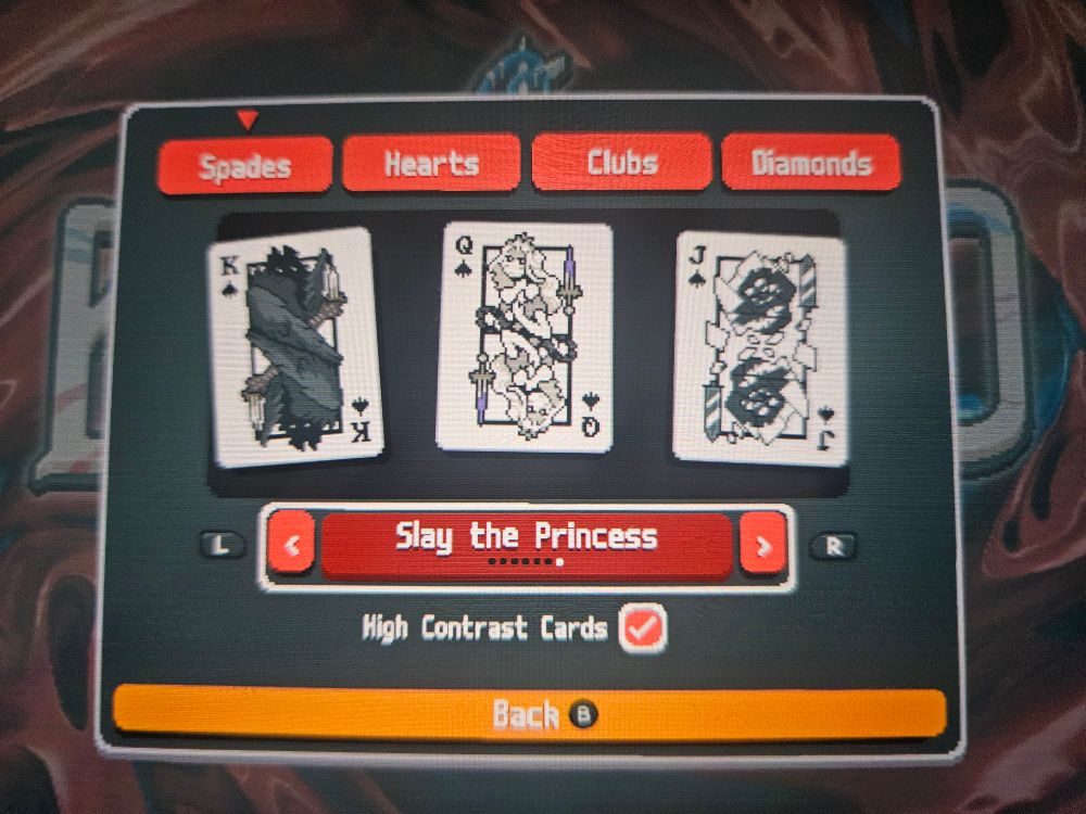 Picture of screen showing the game Balatro with the Slay The Princess stylized spade cards
