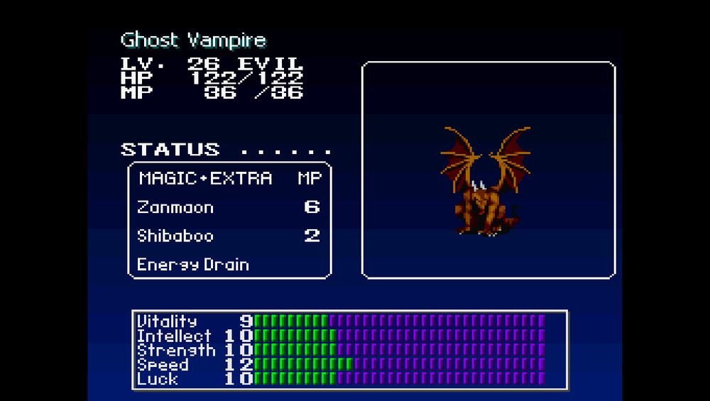 Screenshot of an enemy called vampire in the game megami tensei, it looks like a gargoyle