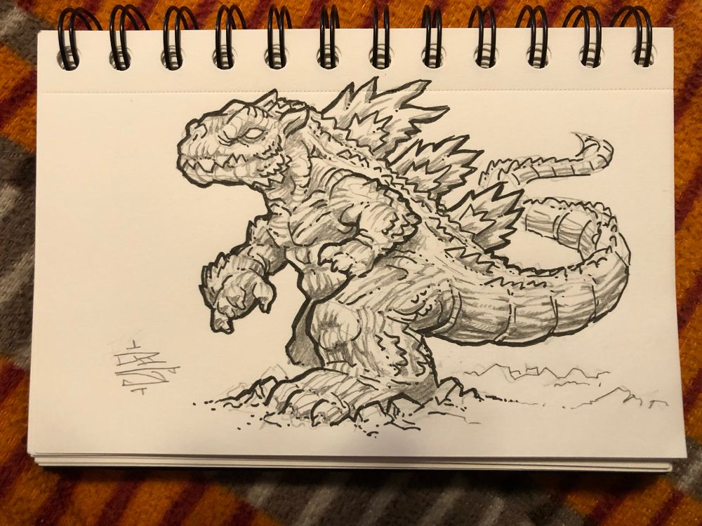 A puffy Godzilla-like creature walking on 2 legs, with a long tail and fins in his back.  Pencil and ink on paper.