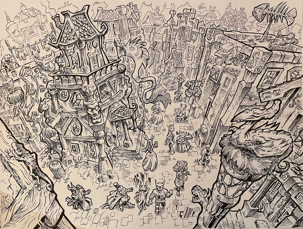 Completed ink drawing of a Creeple city view from above.
