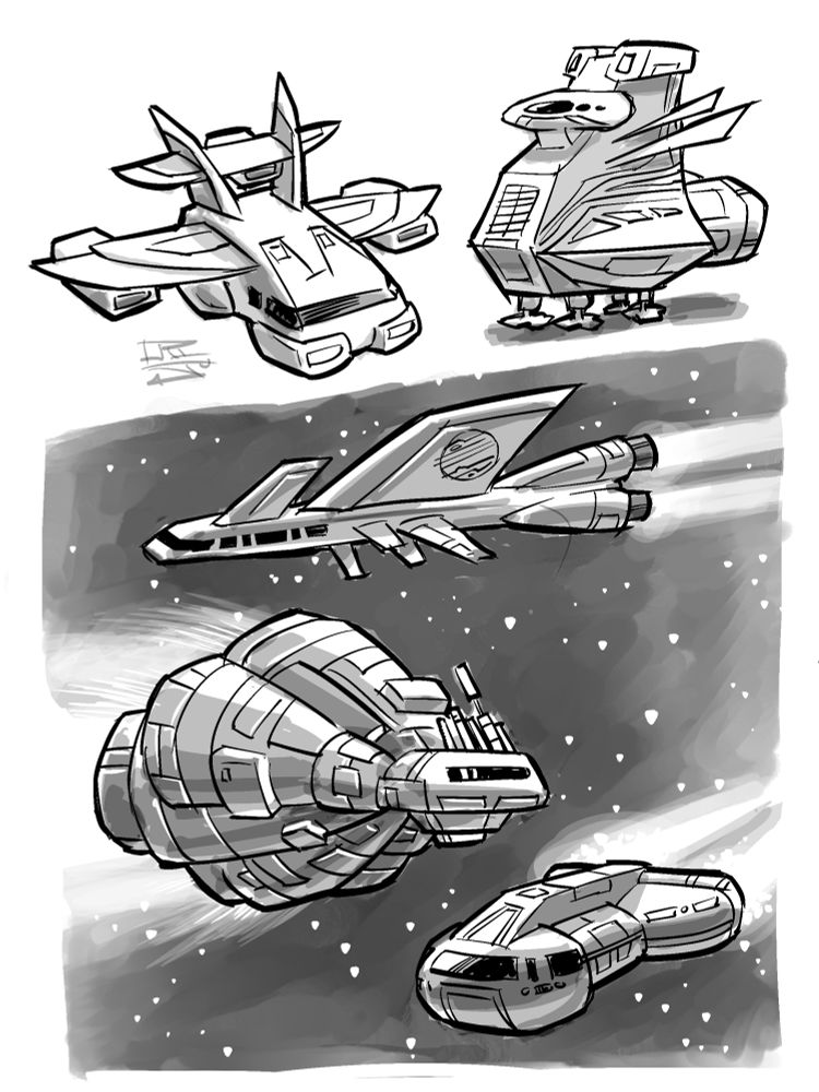 4 spaceships or varying shapes and designs.  Made with Procreate.
