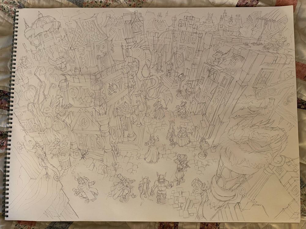 A large sketch of an elaborate city scene of a typical Creeple street.  Pencil on paper.