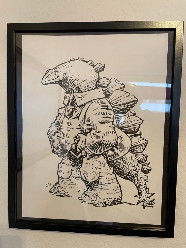 A stegosaurus stands on his two hind legs wearing a jacket with elbow patches, vest, shirt and tie.  His skin is pretty rough-looking and he has a gentle smile.  Ink on paper.