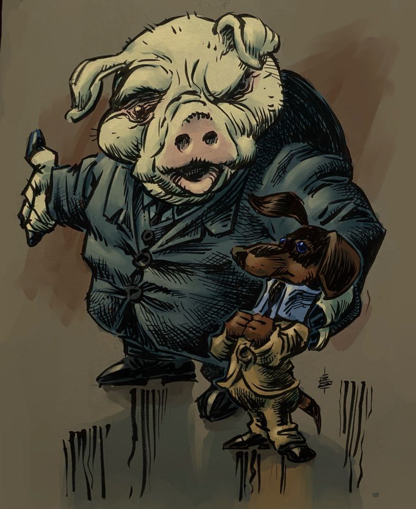 A portly pig in a business suit puts his arm around the shoulder of a small dachshund, who also wears a business suit.  The dog looks a bit apprehensive and the pig look malevolent. Brush pen and pen on paper.  Colored in Procreate.