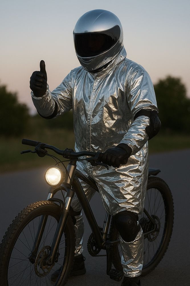 Rad mit Scheibenbremsen und hellen Licht. Darauf ein Mensch mit reflektierendem Anzug und reflektiertendem Motorradhelm. Der Mensch zeigt einen Daumen hoch.