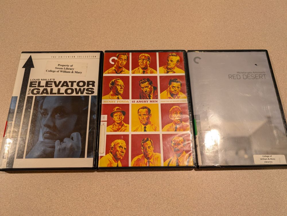DVDs for: 
Elevator to the Gallows
12 Angry Men
Red Desert

