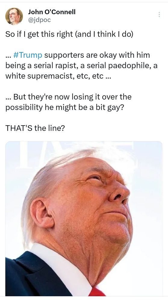 ... #Trump supporters are okay with him being a serial rapist, a serial paedophile, a white supremacist, etc, etc ...

... But they're now losing it over the possibility he might be a bit gay?

THAT'S the line?