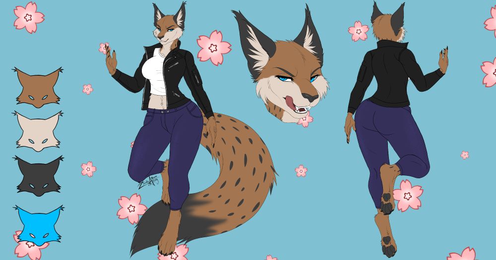 A lynx wearing a white tee, leather jacket, and jeans, with blue eyes (mistakenly, supposed to be green.)