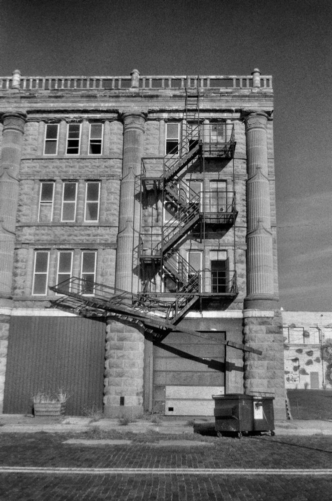 Hotel detail, highlighting fire escape. 