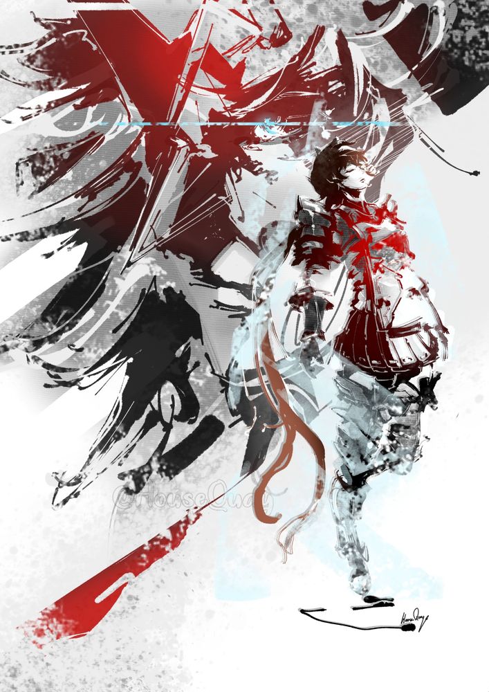 Stylised art of the characters Jin and Lora from Xenoblade Chronicles 2. It features Lora suspended in ice in the foreground, with a much larger three-quarter side portrait of Jin's face behind her. He is wearing his mask, covering the top half of his face, including the red crystal in his forehead, which is alluded to by a red glow in the line art where the crystal is beneath it. His icy blue eyes remain blue, with a stylistic glare reflecting off it in the same colour. Lora's hair is lightly highlighted in its natural auburn brown colour. A red glow similar to that of Jin's forehead comes from her chest in her line art, as a reference to where the heart is. 